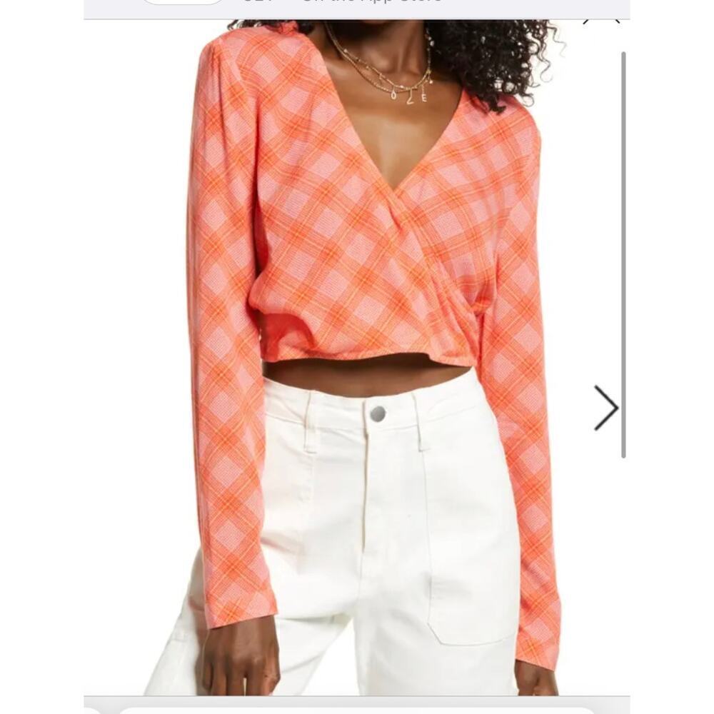 NWT BP. Surplice V-neck Crop Top In Pink- Red Ian Bias Plaid size small